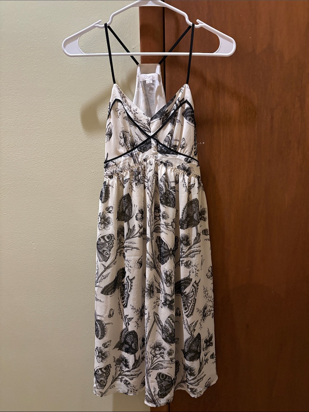 LOFT Cream Dress with Black Botanical & Butterfly Print